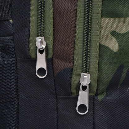 Detail van de ritsen op de vidaXL rugzak in zwart en camouflage.