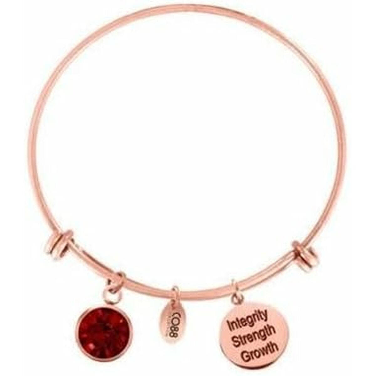Detail van de CO88 Collection armband in roségoud met rode steen en hangers.