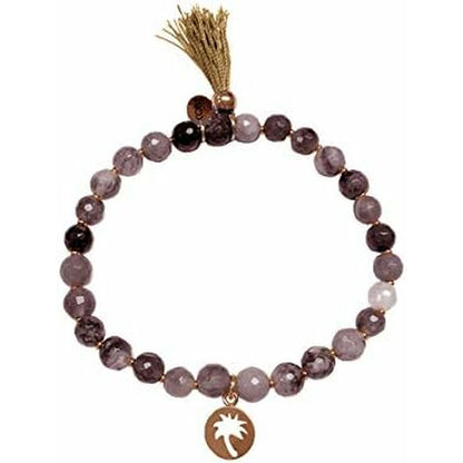 Detail van de CO88 Collection armband met paarse en gouden kralen en een palmboombedel.