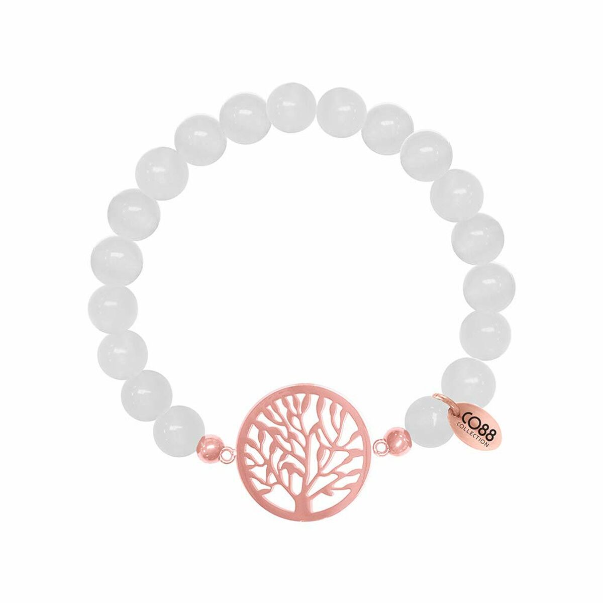 Detail van de CO88 Collection armband met een elegante rosegouden boomdesign en witte kralen.