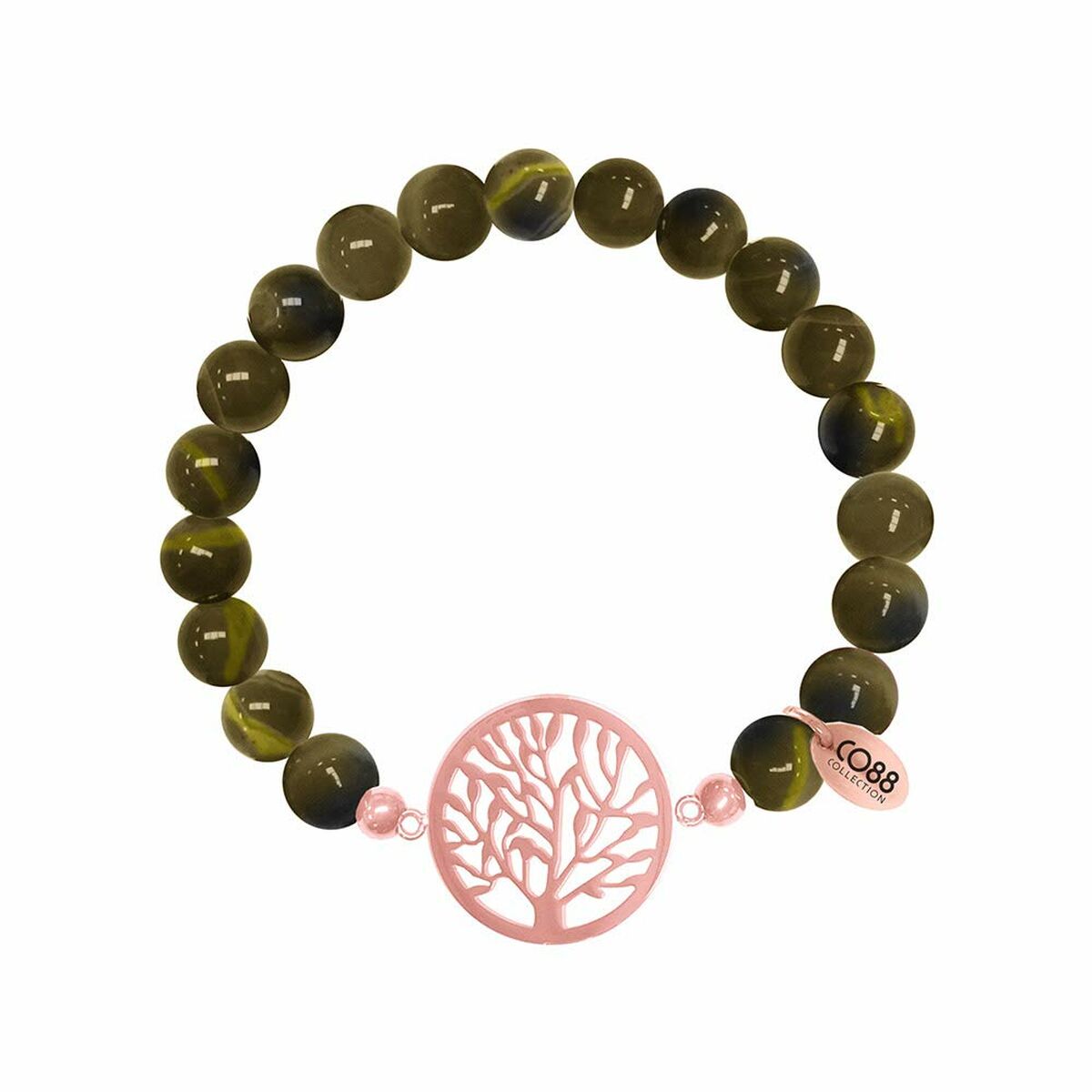 Detail van de groene CO88 Collection armband met een roze boomdesign.