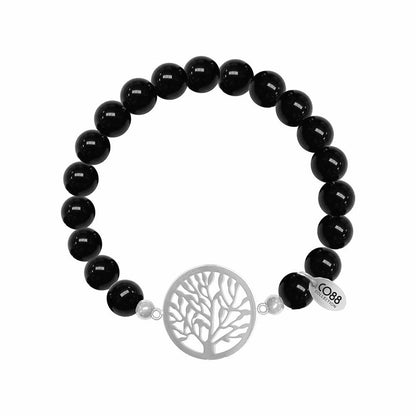 Zijaanzicht van de zwarte CO88 Collection armband met een zilveren boomdesign.