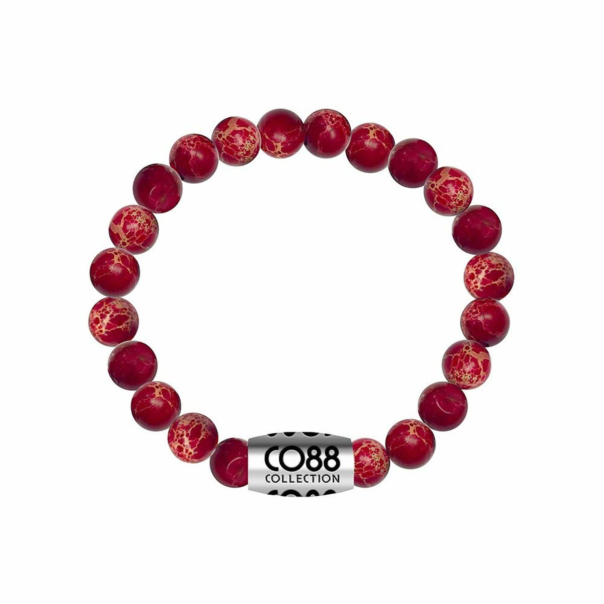 Detail van de CO88 Collection armband in multicolour met rode kralen en merklogo.