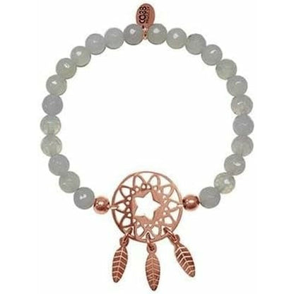Detail van de CO88 Collection armband met een rosegouden dromenvanger en groene kralen.