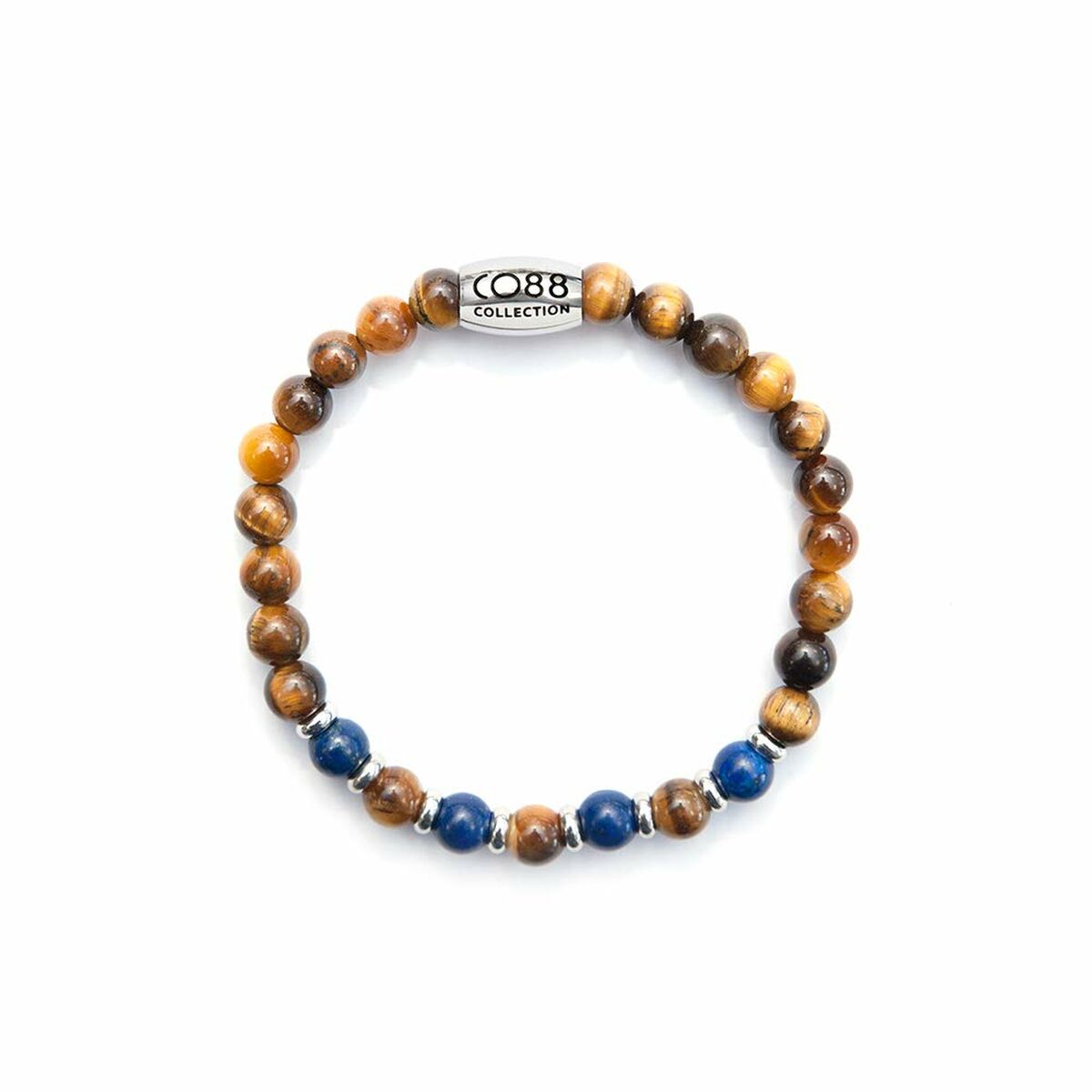 Detail van de CO88 Collection damesarmband in bruin met blauwe en gouden kralen.