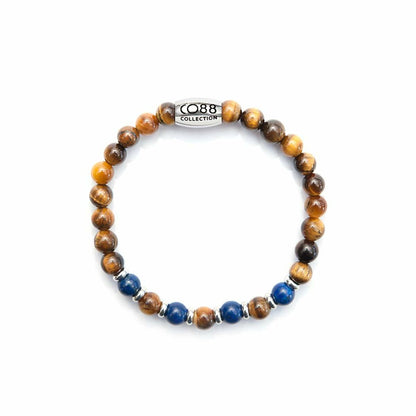 Detail van de CO88 Collection damesarmband in bruin met blauwe en gouden kralen.