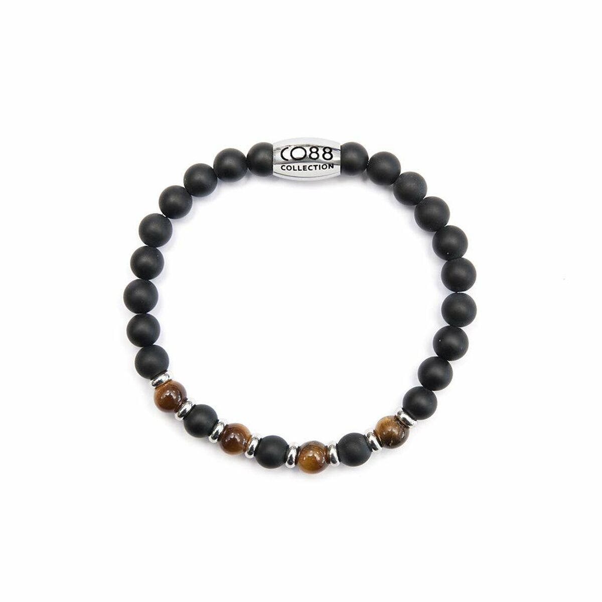 Detail van de CO88 Collection armband in zwart met elegante kralen en metalen accenten.