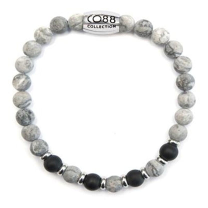 Elegante zilverkleurige armband van CO88 Collection met grijze en zwarte kralen.
