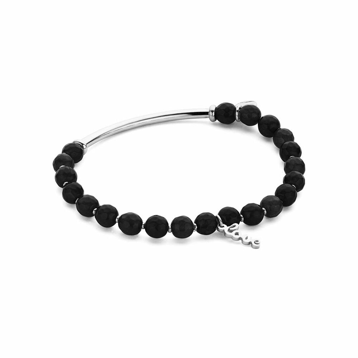 Detail van de zwarte CO88 Collection armband met een elegante zilveren 'love' bedel.
