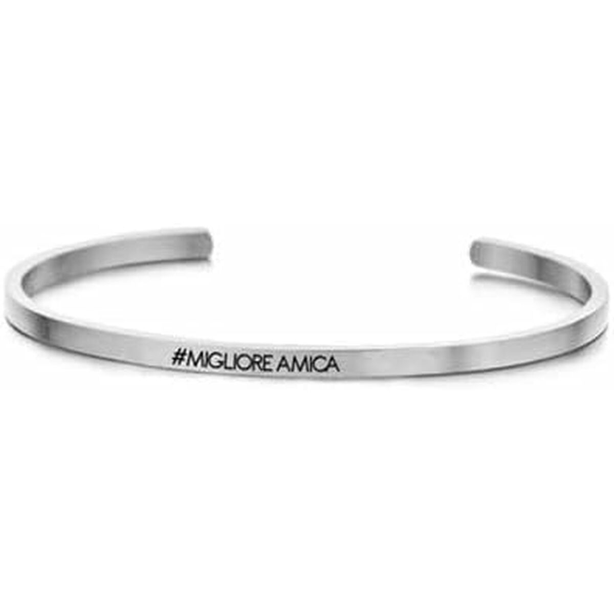 Zilverkleurige CO88 Collection armband met de inscriptie "#MIGLIORE AMICA" in close-up.