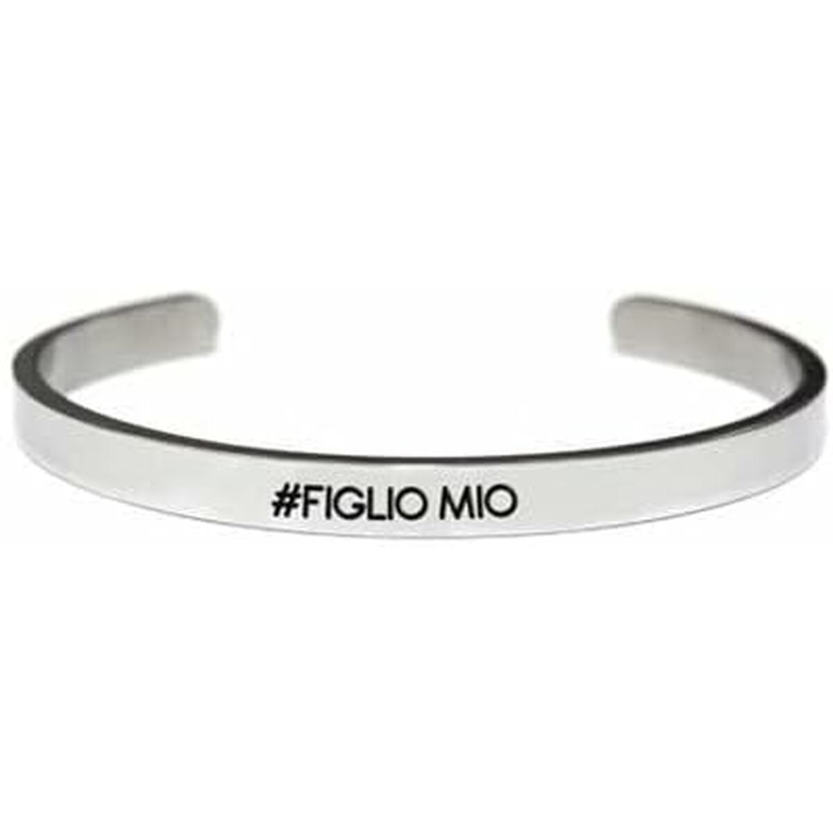 Zilverkleurige CO88 Collection armband met de tekst "#FIGLIO MIO" in zwart.