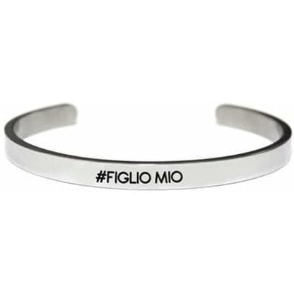 Zilverkleurige CO88 Collection armband met de tekst "#FIGLIO MIO" in zwart.