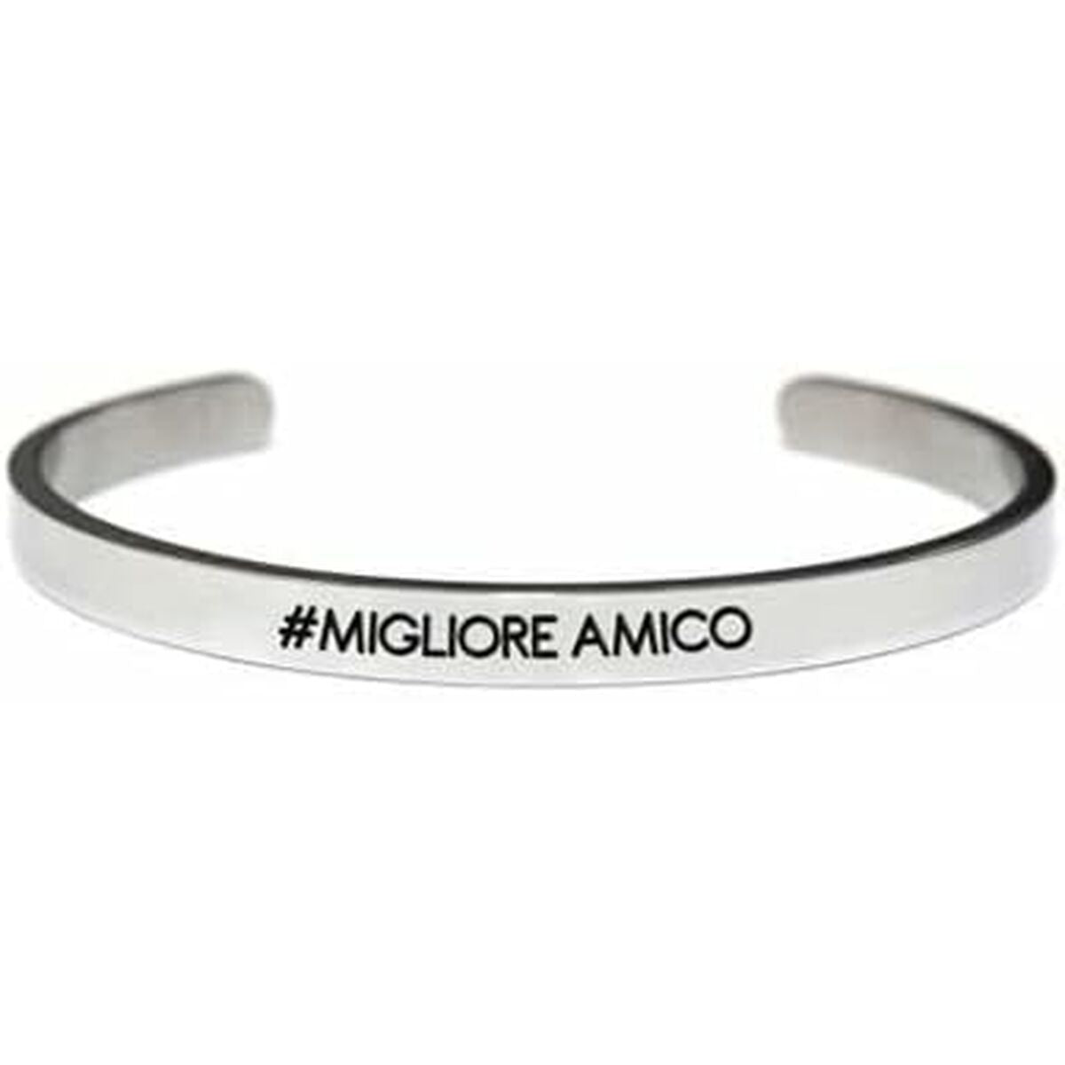 Zilverkleurige CO88 Collection armband met de tekst "#MIGLIORE AMICO" in zwart.