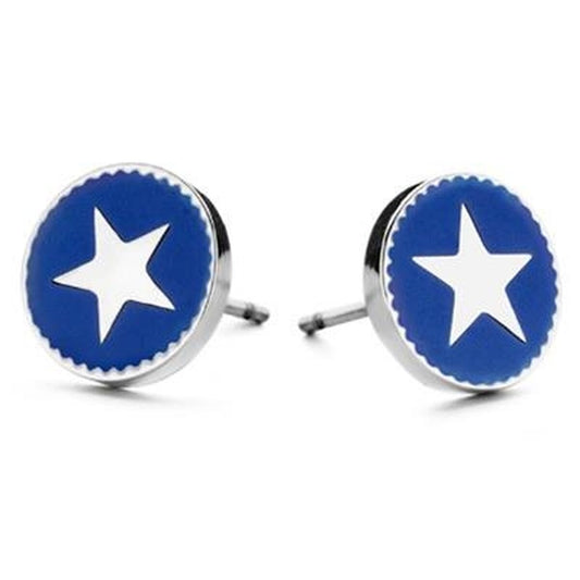 Zilverkleurige CO88 Collection oorbellen met blauwe sterren, elegant ontwerp voor dames.