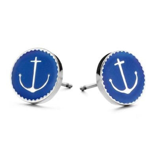 Blauwe CO88 Collection oorbellen met zilverkleurig ankerdesign, elegant en trendy.