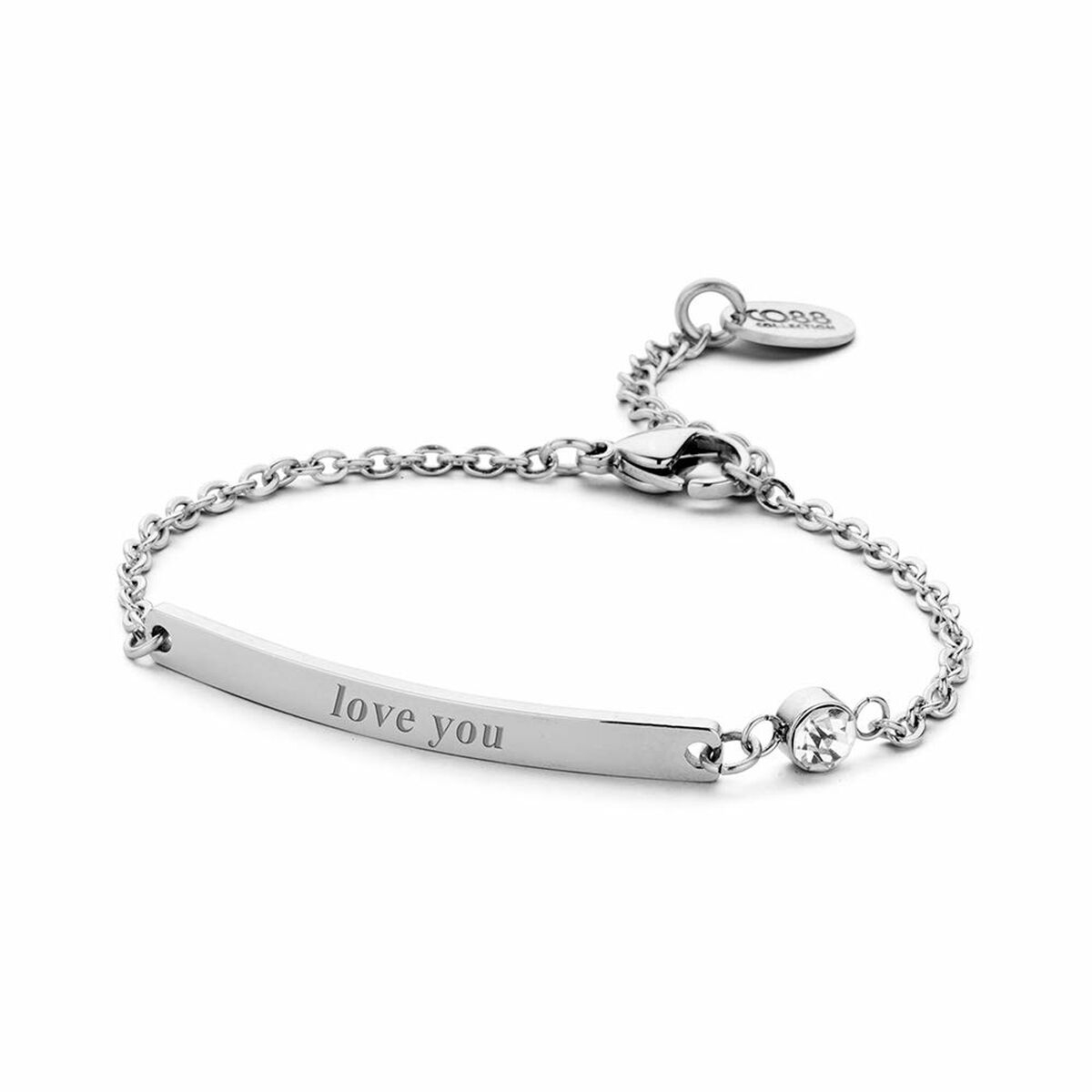 Zilverkleurige CO88 Collection armband met gravure 'love you' en een sprankelende steen.