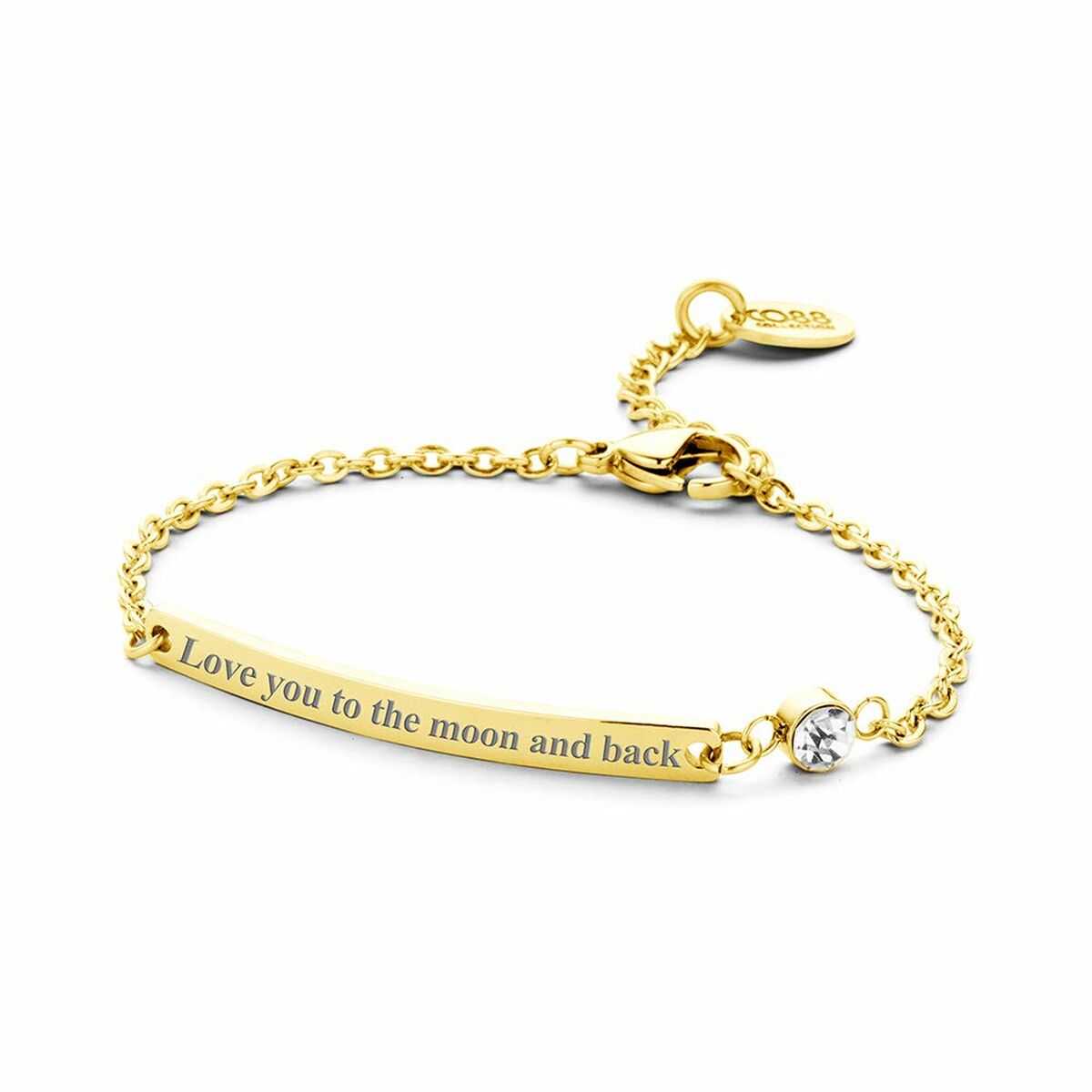 Detail van de CO88 Collection gouden armband met gravure en sprankelende steen.