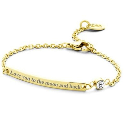 Gouden CO88 Collection armband met gravure "Love you to the moon and back" en een sprankelende steen.