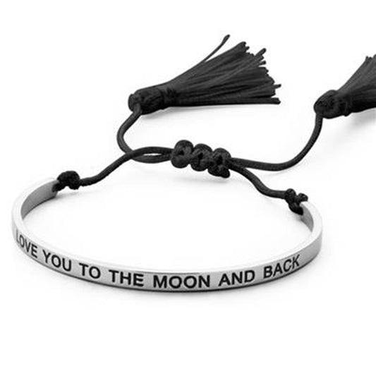 Zwarte CO88 Collection armband voor dames met elegante franjes en een liefdesboodschap.