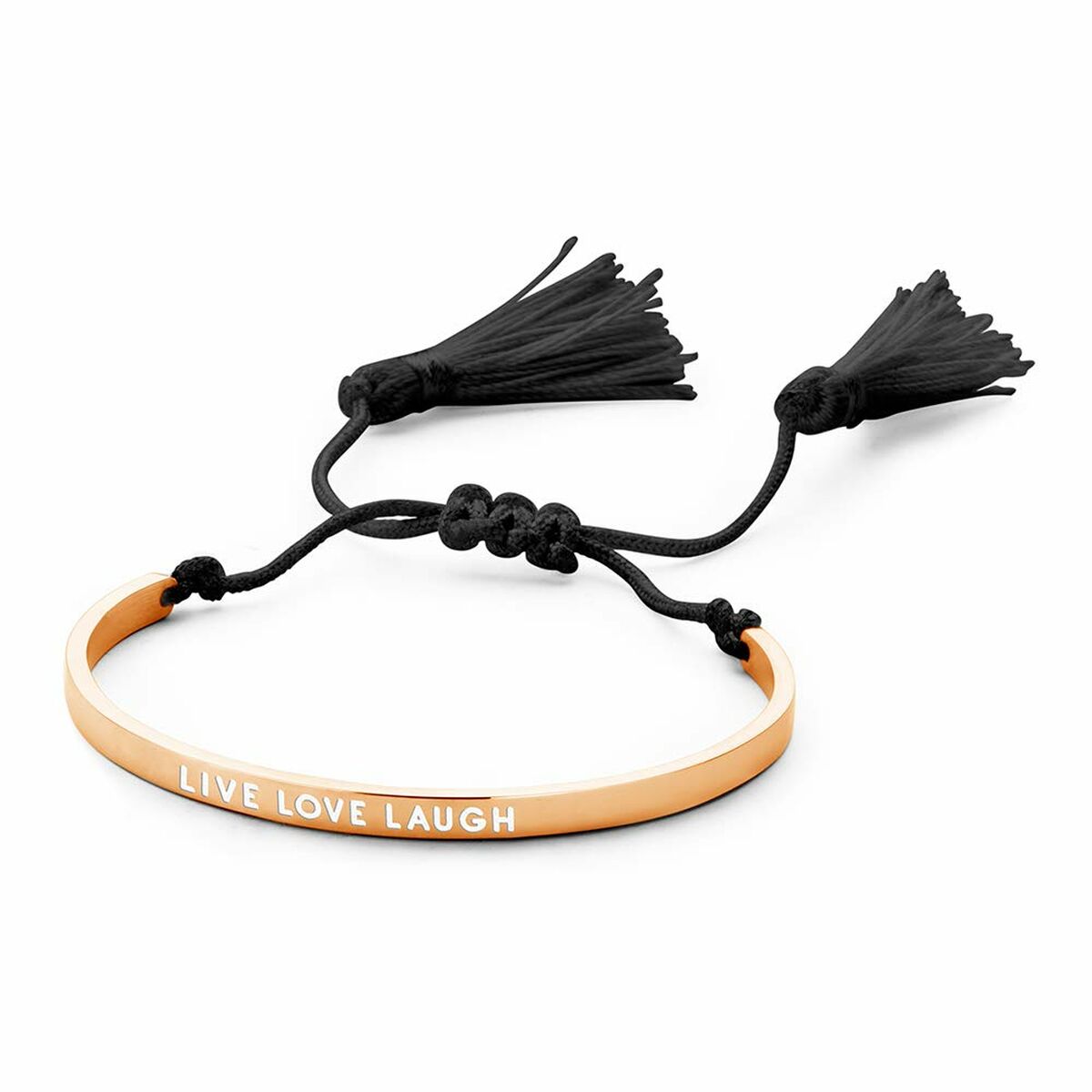 Detail van de CO88 Collection armband in zwart met de tekst 'LIVE LOVE LAUGH' en zwarte franjes.