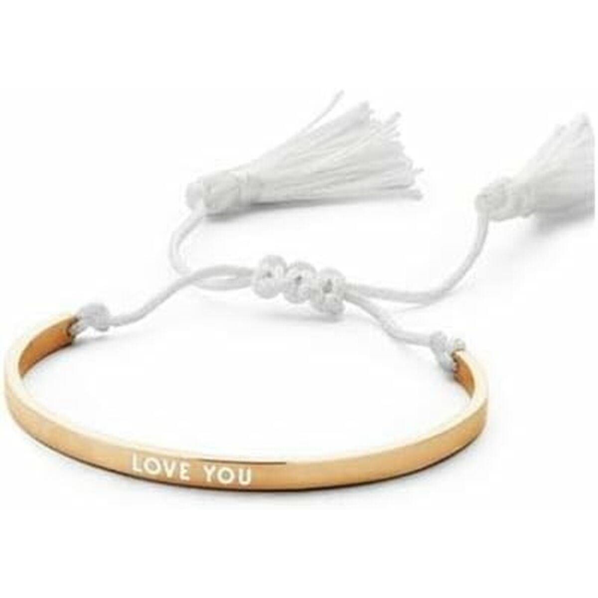 Gouden CO88 Collection armband met de tekst 'LOVE YOU' en witte franjes.
