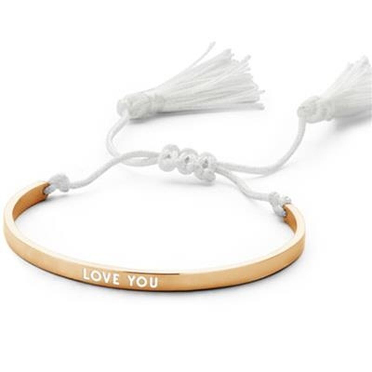 Gouden CO88 Collection armband met 'LOVE YOU' inscriptie en witte franjes.