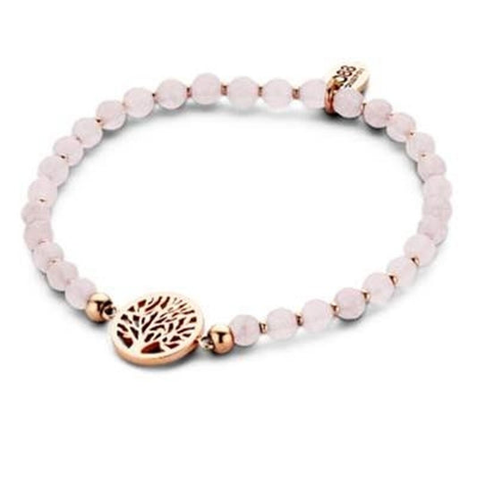 Stijlvolle CO88 Collection armband voor dames met rozenkwarts en een gouden boomdesign.