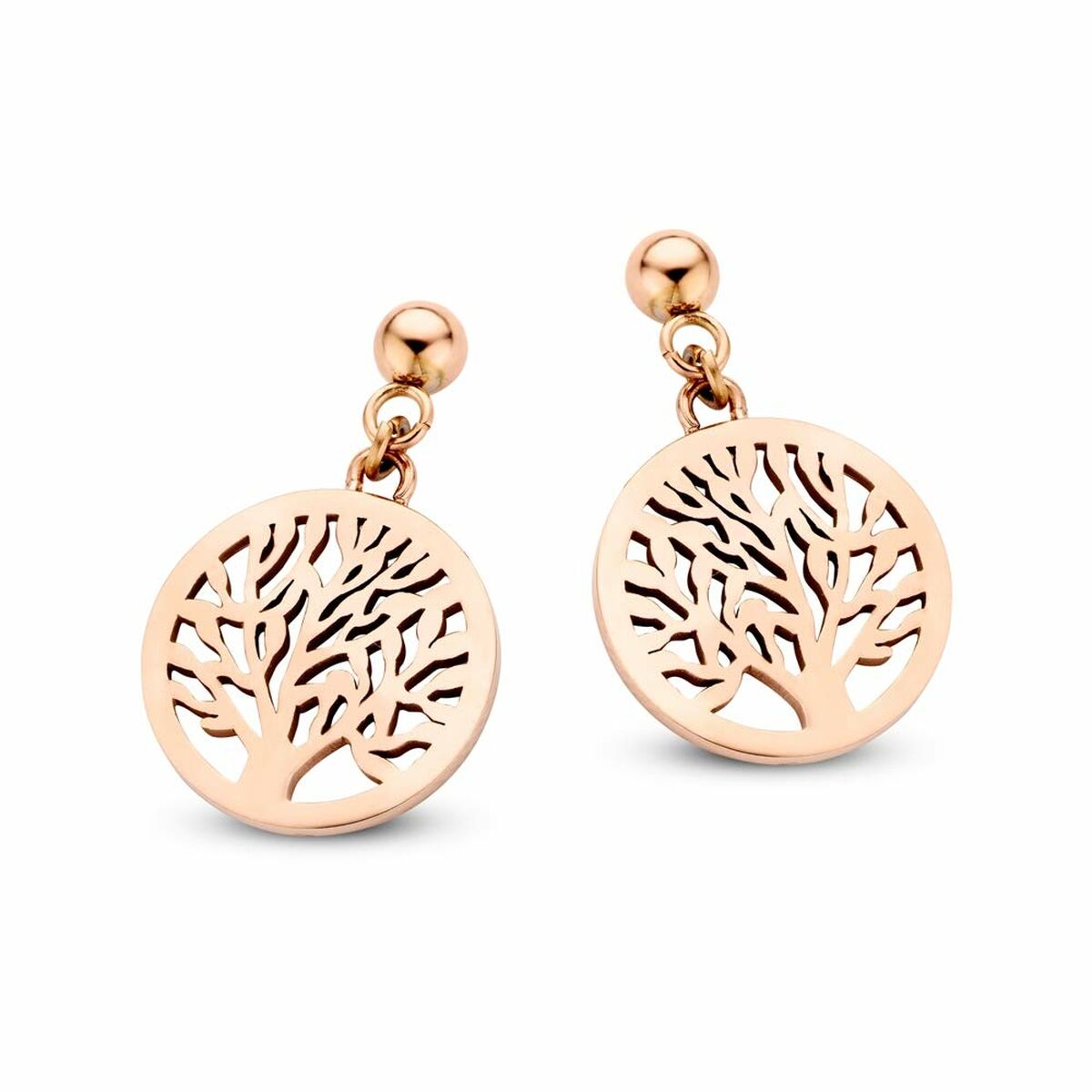 Detail van de CO88 Collection oorbellen in roze goud met een uitgesneden boomontwerp.