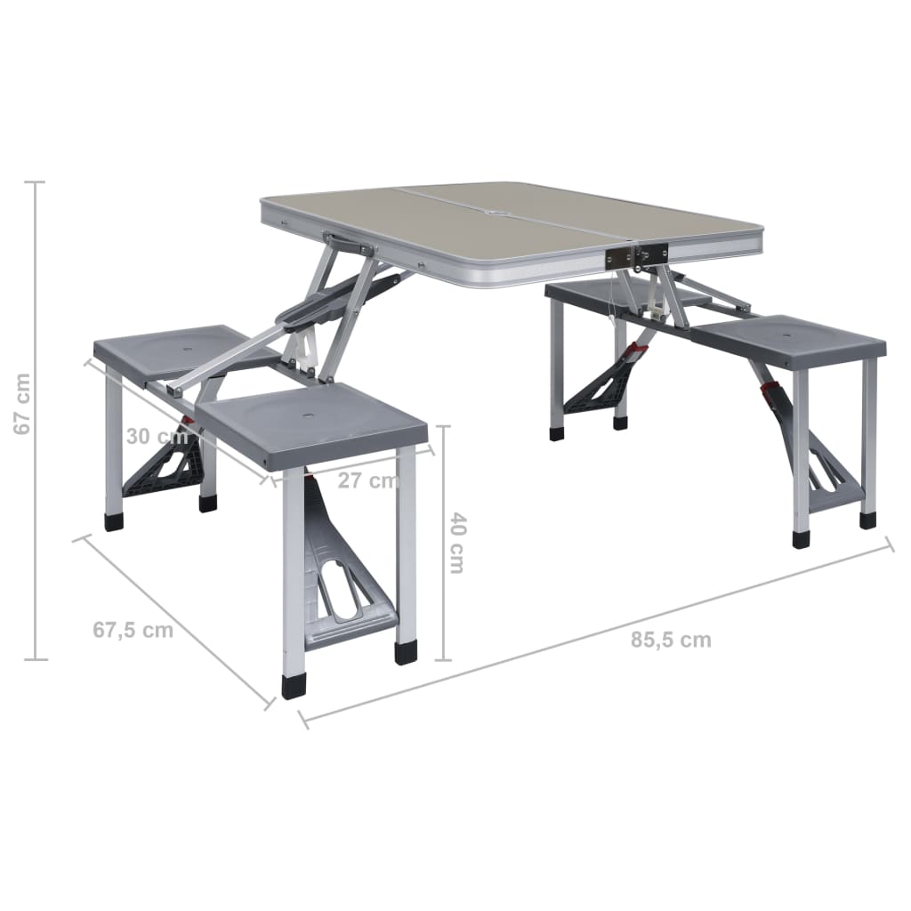 Detailweergave van de vidaXL inklapbare campingtafel met afmetingen en zitjes.