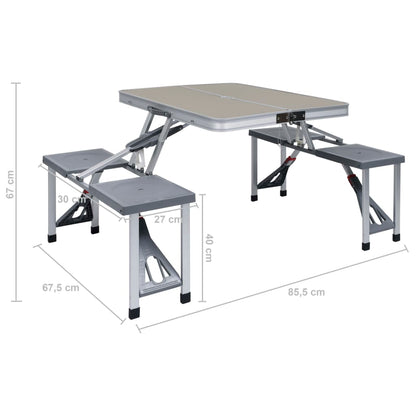 Detailweergave van de vidaXL inklapbare campingtafel met afmetingen en zitjes.