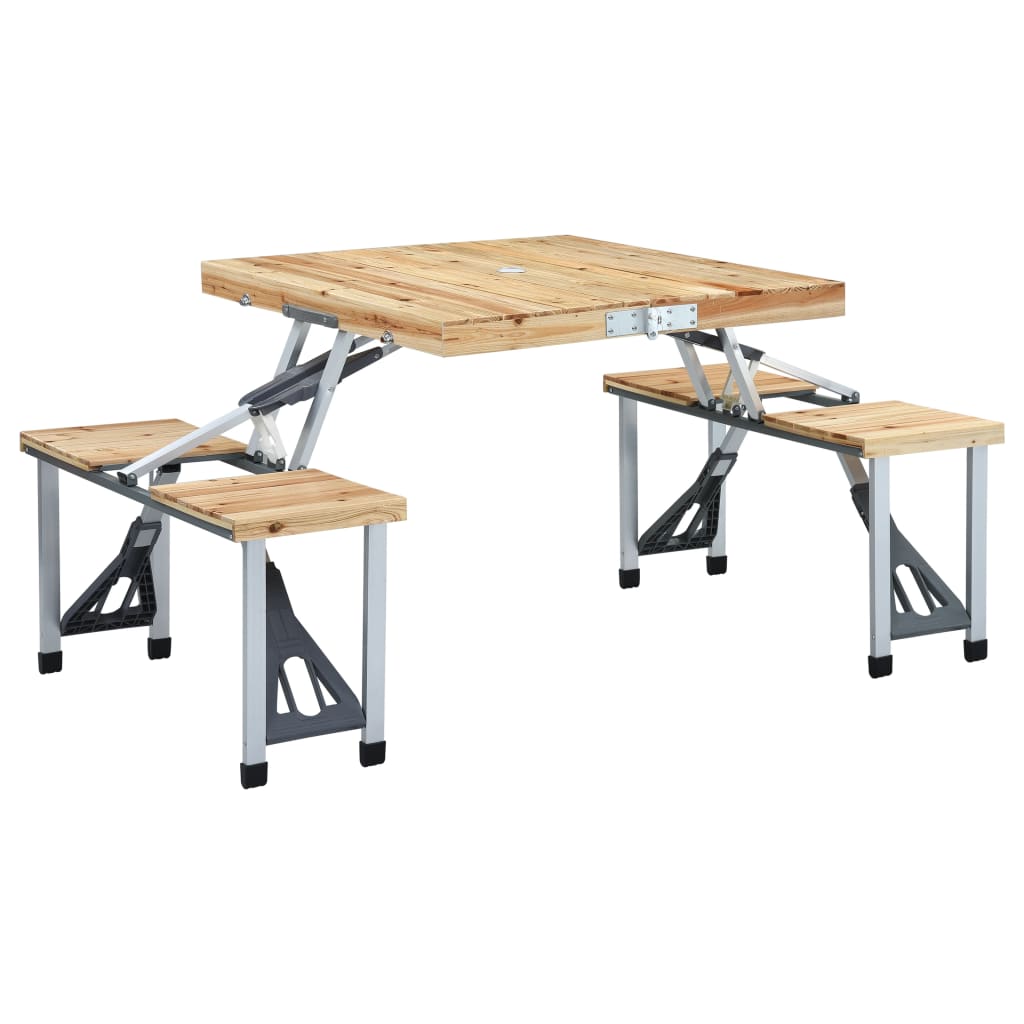 Inklapbare vidaXL campingtafel met vurenhouten oppervlak en vier zitjes.