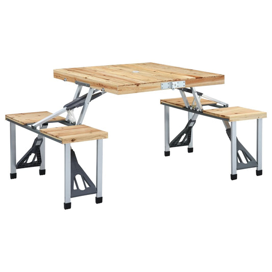 Inklapbare vidaXL campingtafel met vurenhouten oppervlak en vier zitjes.