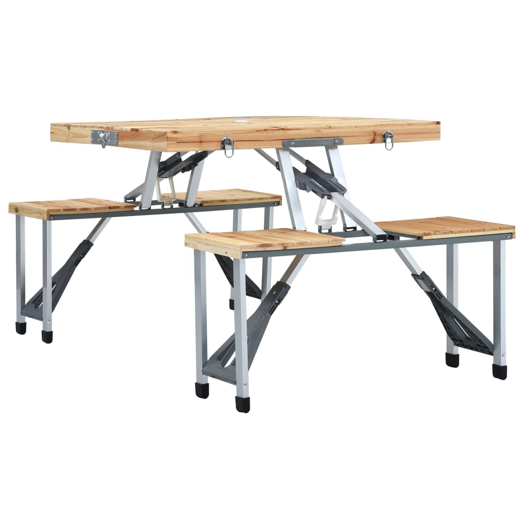 Detail van de inklapbare vidaXL campingtafel met vurenhouten oppervlak en vier zitjes.