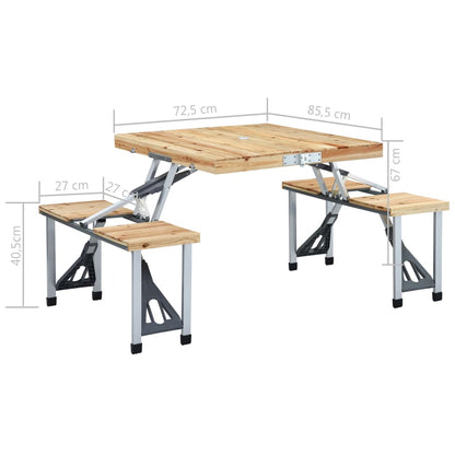 Detailweergave van de vidaXL campingtafel met afmetingen en vurenhouten oppervlak.