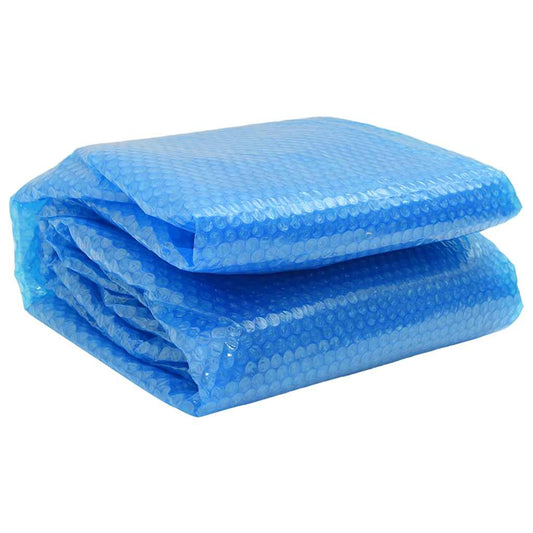 Blauwe vidaXL zwembadhoes van 356 cm, opgevouwen met bubbeltjesfolie voor isolatie.