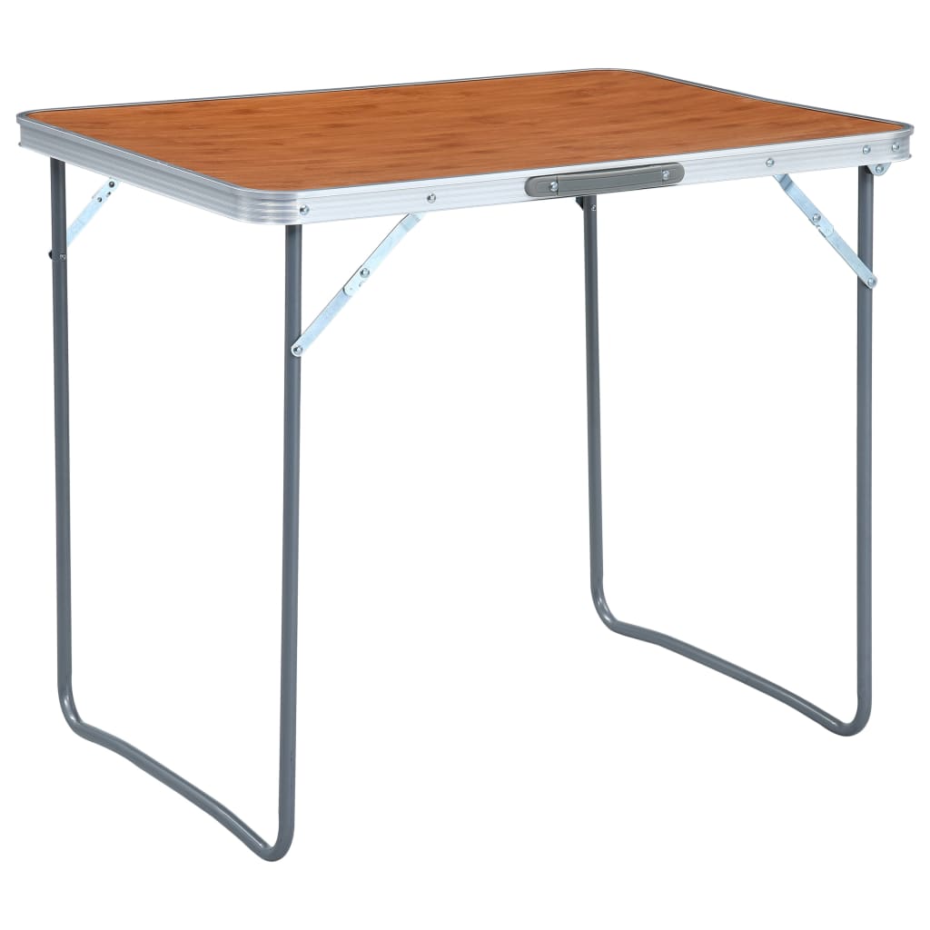 Inklapbare vidaXL campingtafel met metalen frame en houten blad in bruin, 80x60 cm.
