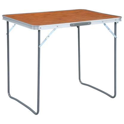 Inklapbare vidaXL campingtafel met metalen frame en houten blad in bruin, 80x60 cm.