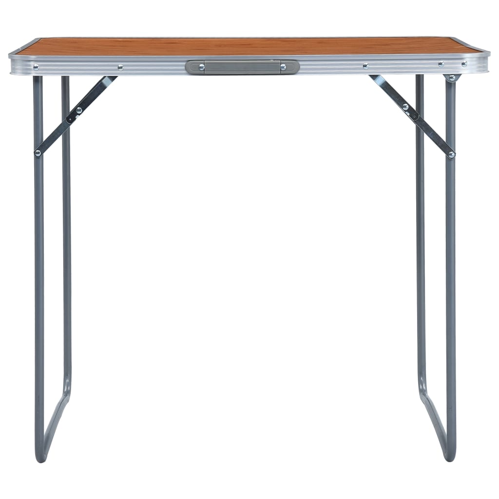 Zijaanzicht van de vidaXL campingtafel met metalen frame en houten blad.