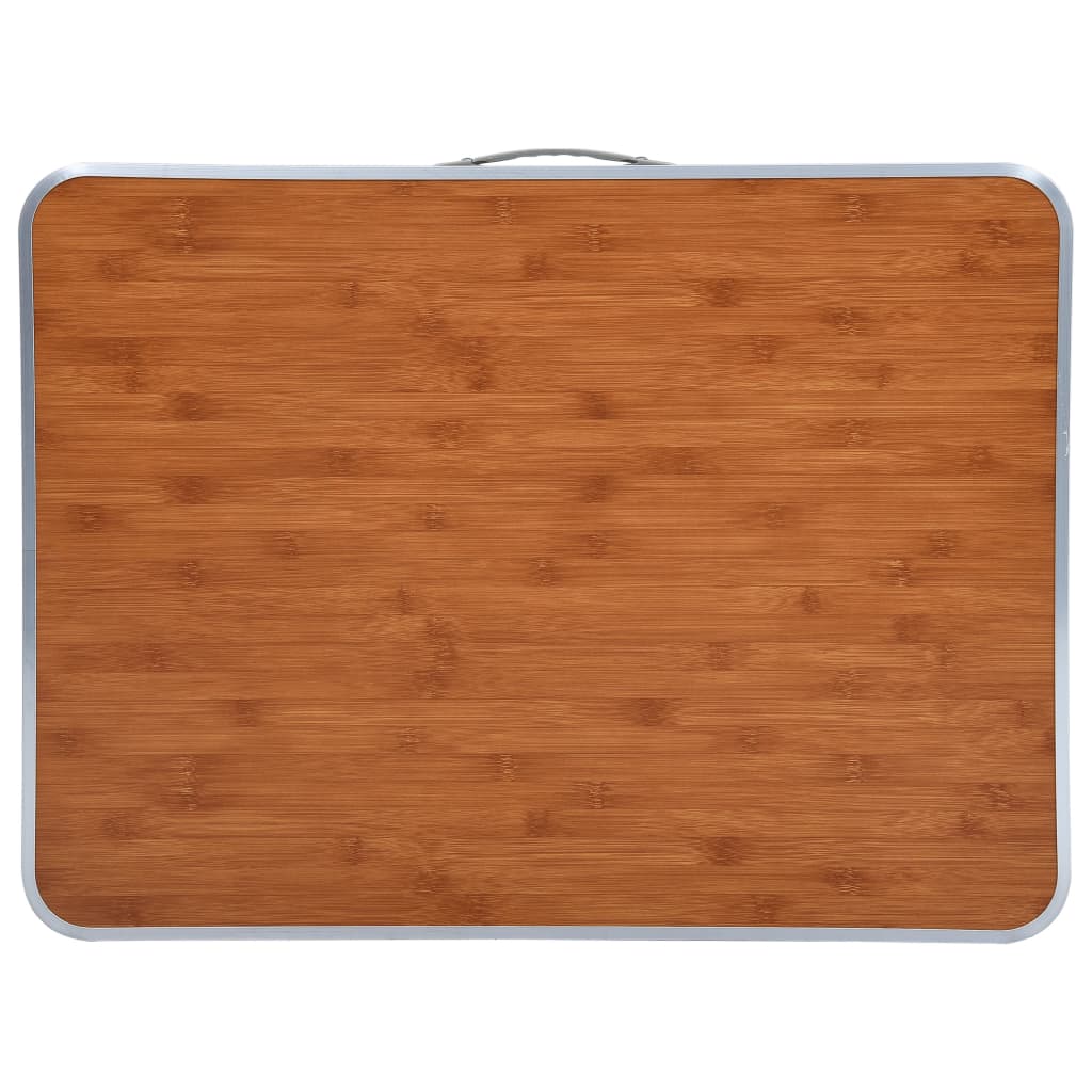 Bovenaanzicht van de vidaXL inklapbare campingtafel met een houten uitstraling en metalen rand.