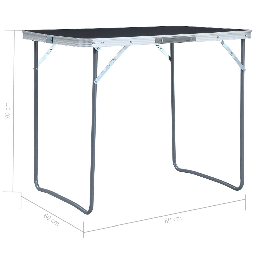 Detail van de vidaXL campingtafel met metalen frame, zijaanzicht en afmetingen.