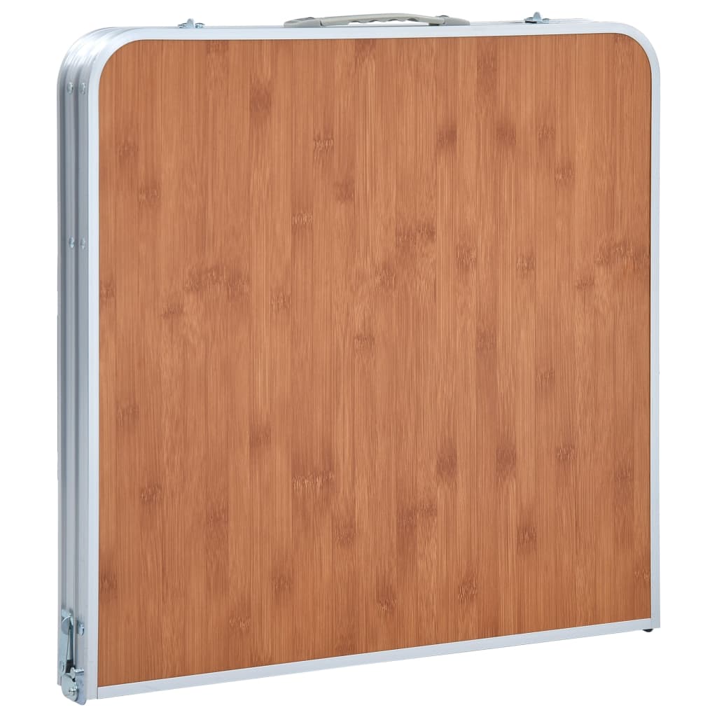 Inklapbare vidaXL campingtafel met een houten look, zijaanzicht van het gesloten model.