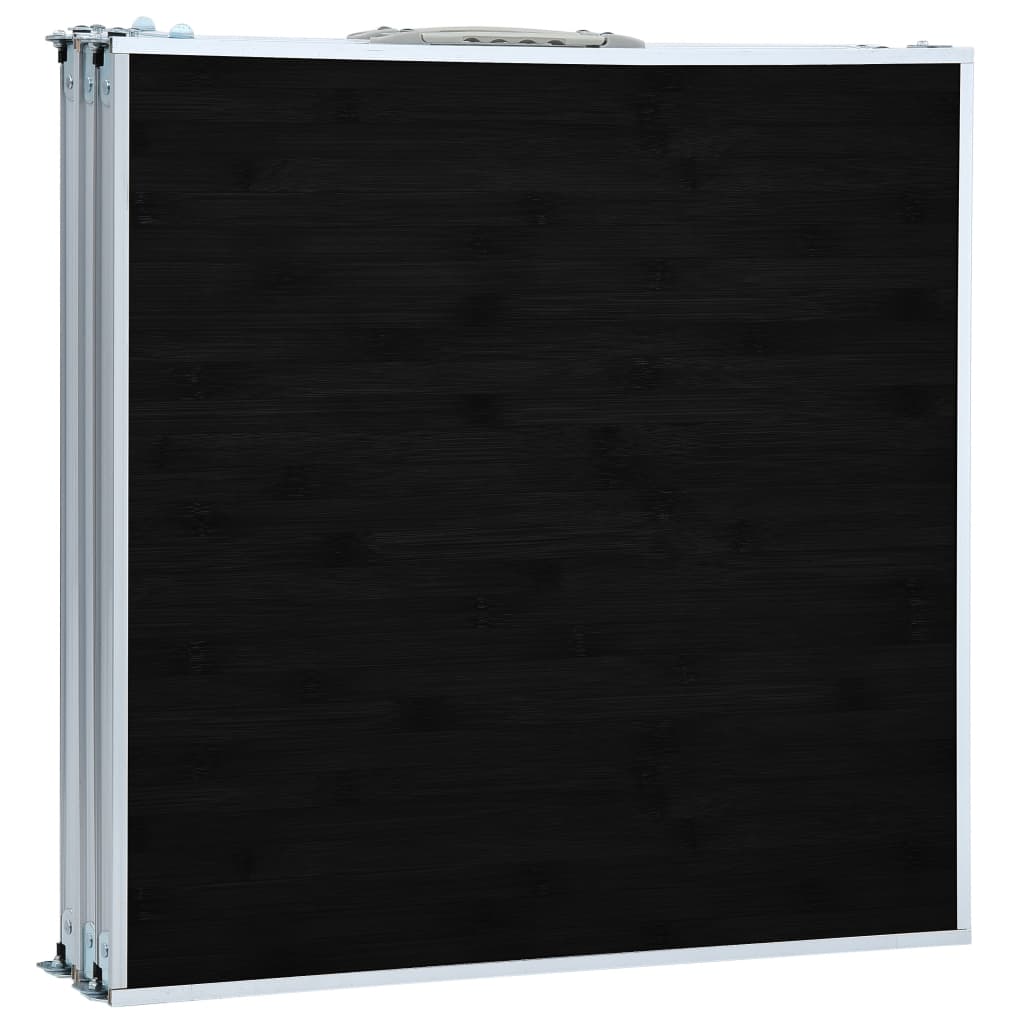 Ingeklapte vidaXL campingtafel met zwart MDF blad en aluminium frame, zijaanzicht.