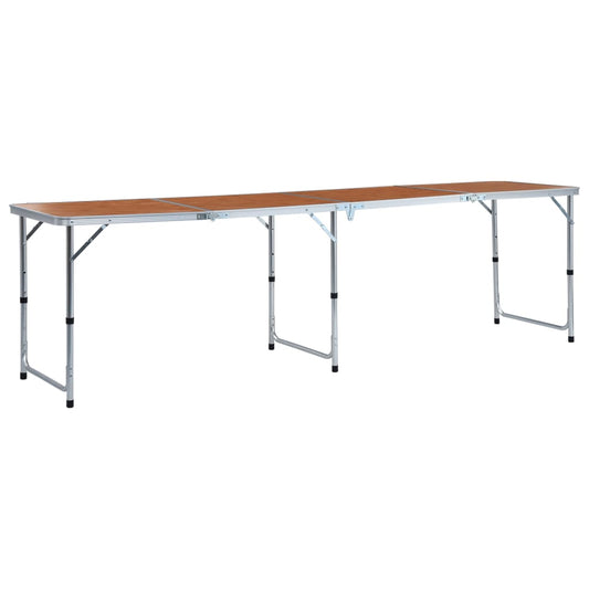 Inklapbare vidaXL campingtafel van 240x60 cm met aluminium frame en houten tafelblad.