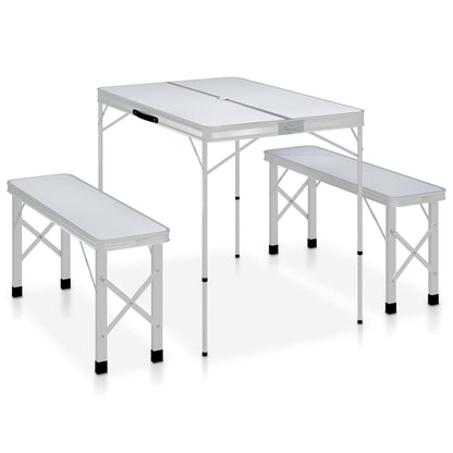 Inklapbare vidaXL campingtafel met twee banken in wit, perfect voor buitenactiviteiten.