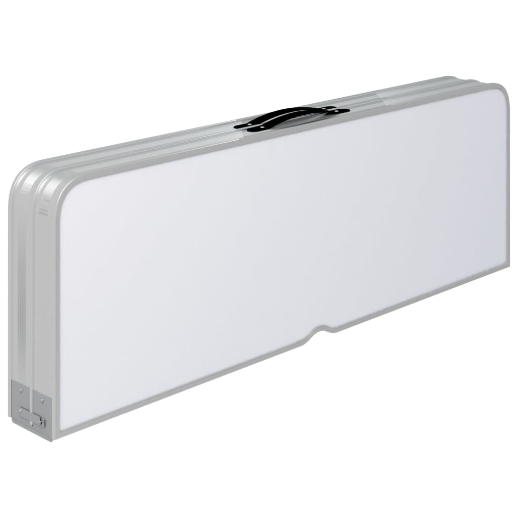 Witte vidaXL campingtafel, ingeklapt met draaghandvat aan de zijkant.