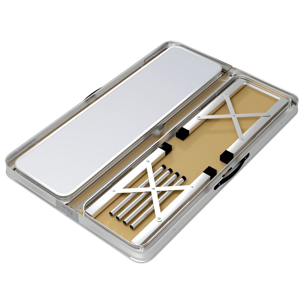 Inklapbare vidaXL campingtafel met opgevouwen aluminium frame en MDF blad, zijaanzicht.