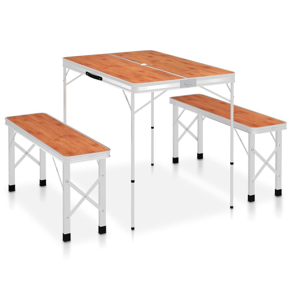Inklapbare vidaXL campingtafel met twee banken, bruin MDF tafelblad en aluminium frame.