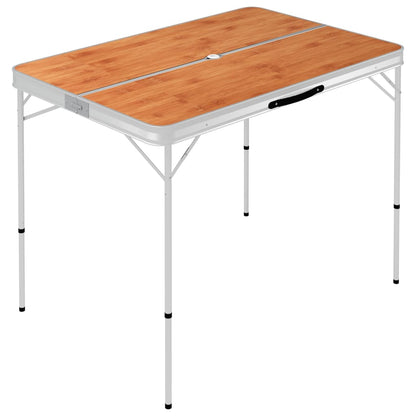 Detail van de vidaXL inklapbare campingtafel met bruin MDF tafelblad en aluminium frame.