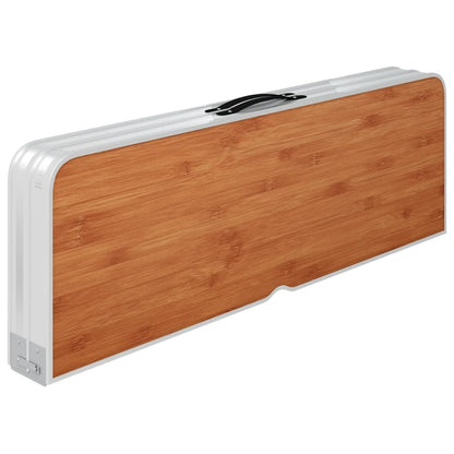 Inklapbare vidaXL campingtafel met bruin MDF blad, zijaanzicht van de gesloten tafel.