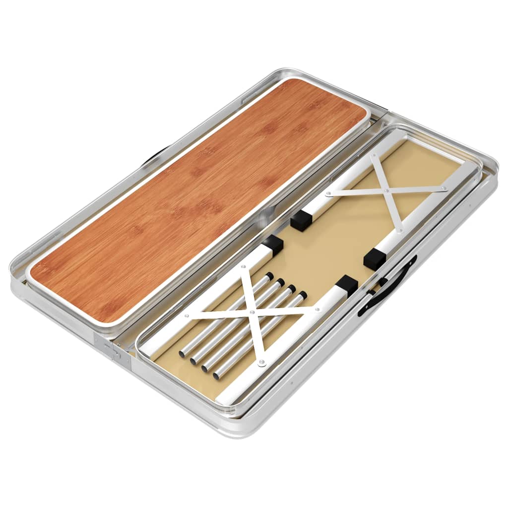 Ingeklapte vidaXL campingtafel met bruin MDF blad en aluminium frame, zijaanzicht.